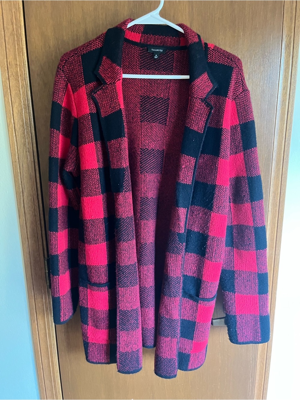 Talbots Red and Black Buffalo Plaid Open Front Cardigan Blazer
